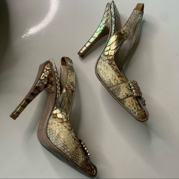 Vintage Christian Dior python square toe Jeweled gold sling back stiletto - Picture 2 of 16
